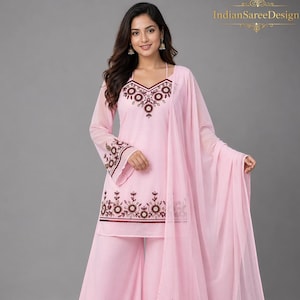 Traje salwar de georgette sintético grueso con bordado de múltiples agujas y lentejuelas.
