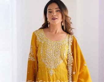 Indian Function Wear Yellow Pure Chinon Silk Top Sharara Suit Set For Womens Wear With Codeing Dori & Sequnce Work