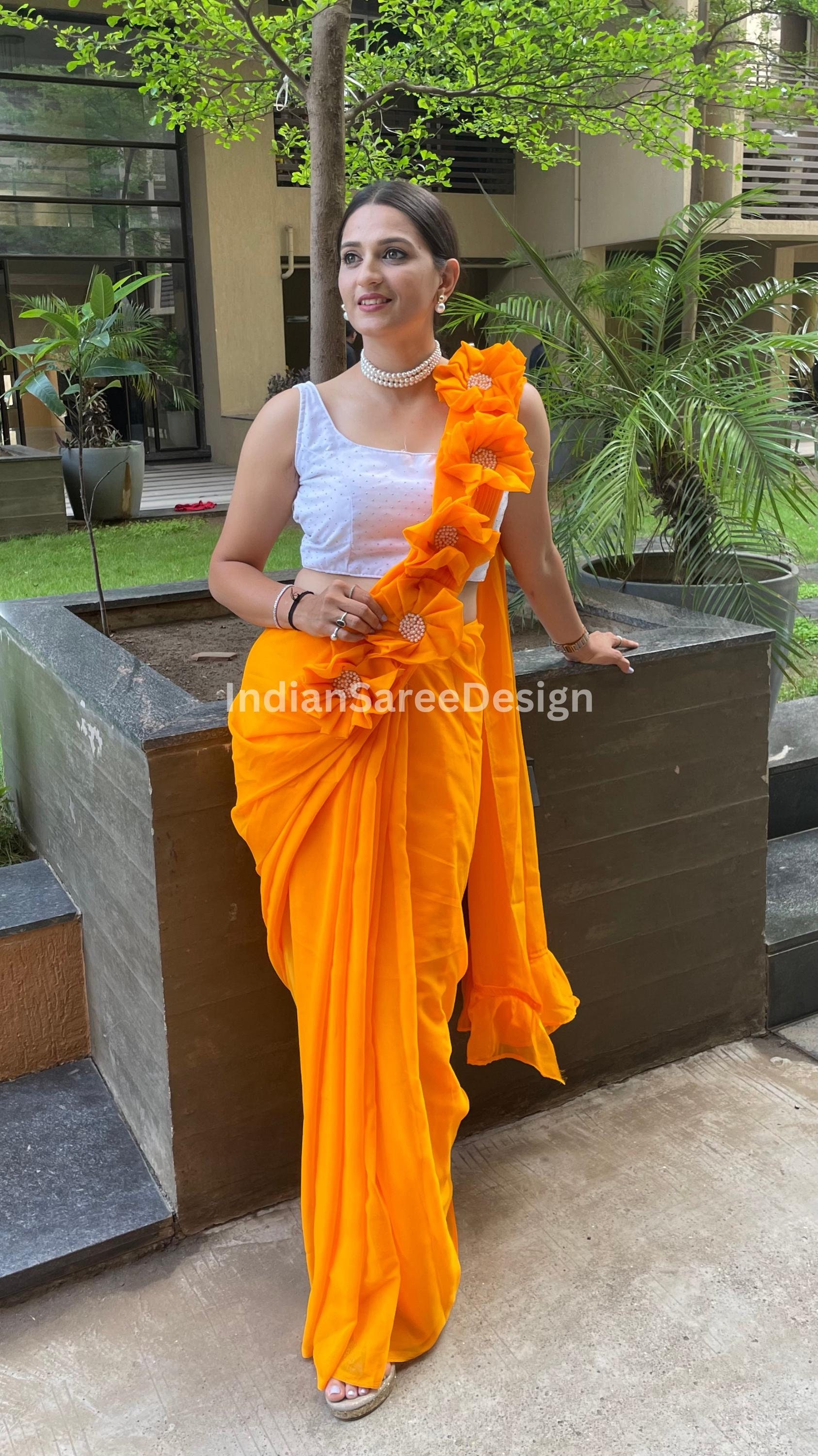 Wedding Wear Georgette Embroidered Saree for Women | Floral Design Saree with Readymade Blouse | Party Wear Indian Sari