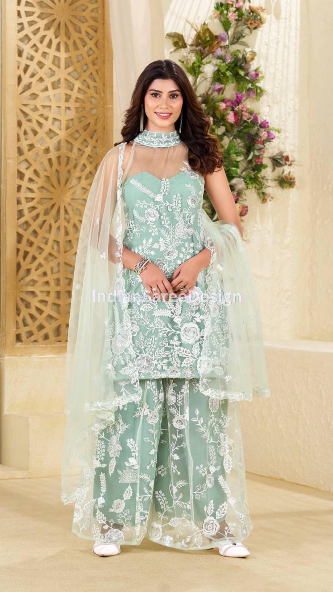 Green Butterfly Net Palazzo Suit Set: Sequin Embroidery Indian