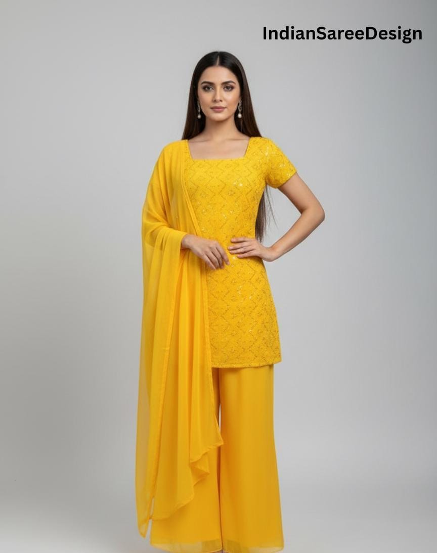 short top and plazo dress Bridesmaid Wear Multicolor Silk Fusion Kurti Palazzo Haldi Party Suit