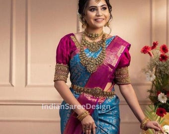 Traditional South Indian Style Blue & Pink Color Soft Litchi Silk Saree With Exclusive Jacquard Border Work For Women&#39;s Wear