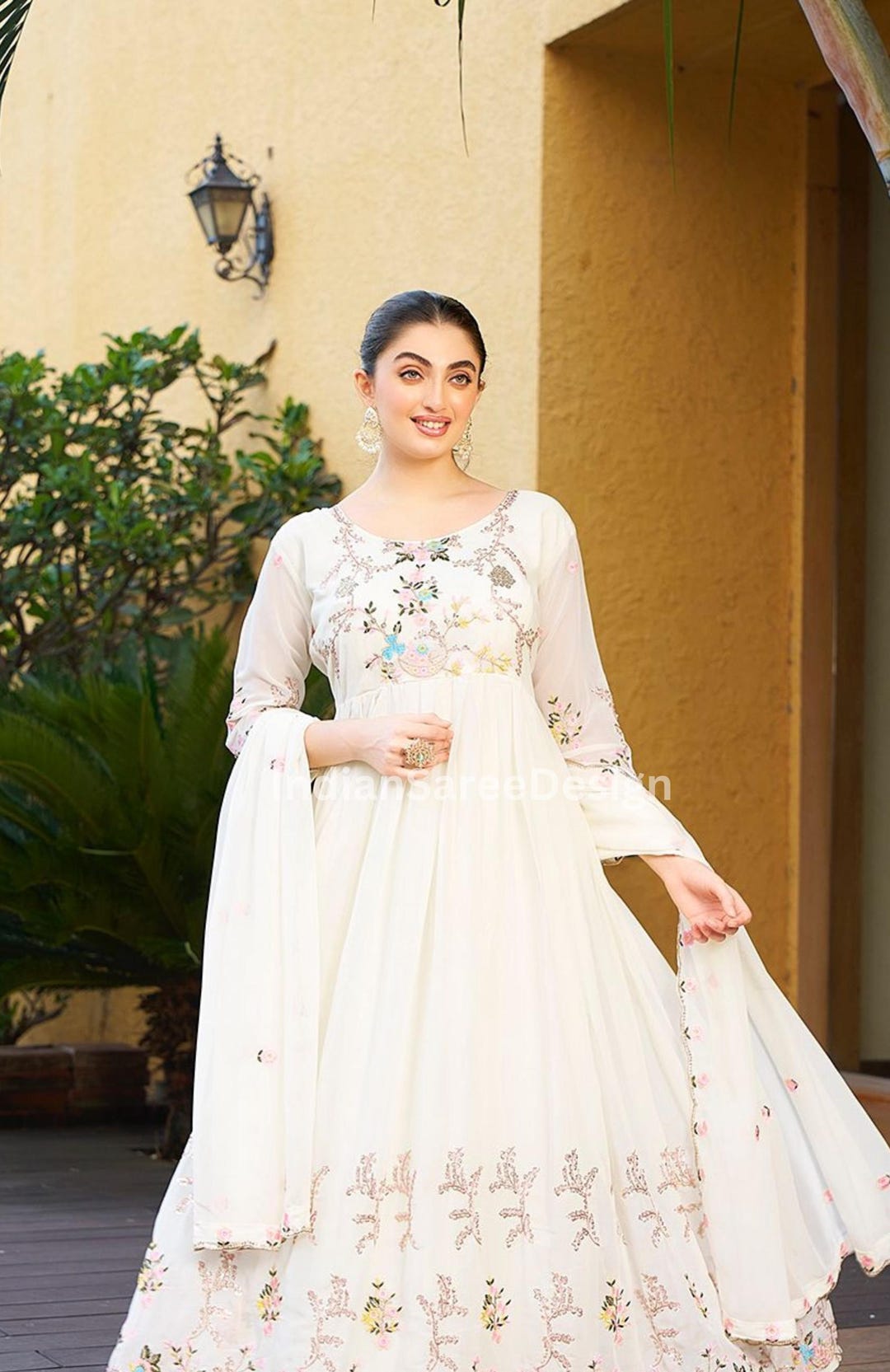 Mara Hoffman Jasmine White Dress Georgette Anarkali Gown With Dupatta,  Embroidery Sequin Flower Design, Wedding Wear