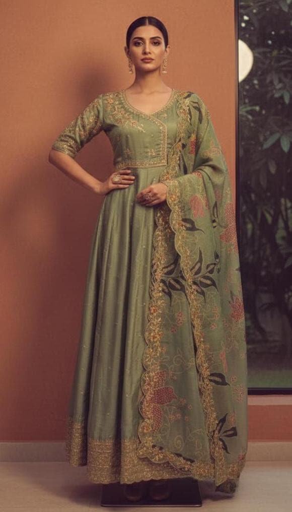green emerald velvet dress Chaiyya Modal Satin Sage Green Anarkali Kurta Set