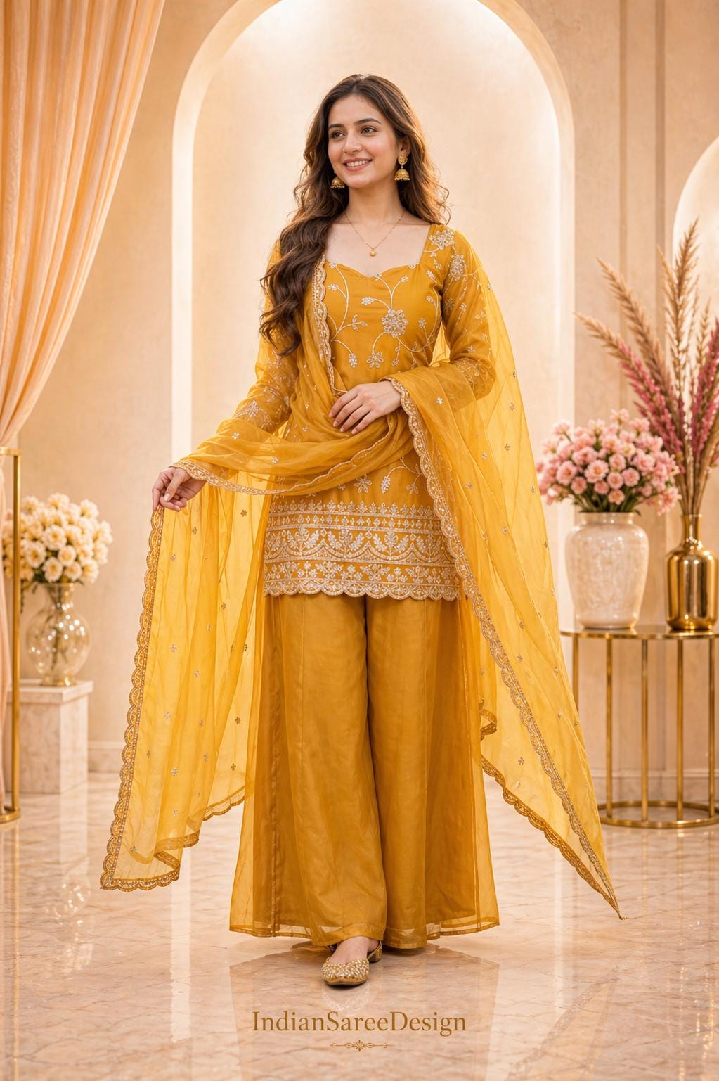 mustard yellow embroidered dress Mustard and gold heavy embroidered mughal gown main image 1