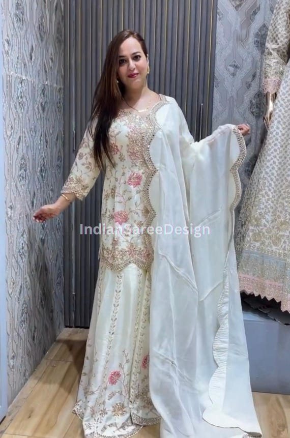 White Chinon Silk Sharara Suit: Embroidered Indian Women's Wear