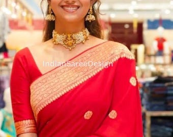 Sari In Seta Banarasi Con Strisce Miste E Pezzo Camicetta Non Cucita, Rosso, 5.5 Metri, Regalo Perfetto Per Matrimoni E Cerimonie - 5