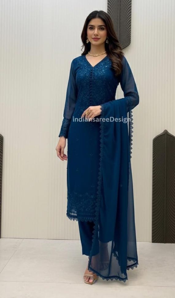Navy Blue Pakistani Suit with Thread Embroidery, Georgette Salwar Kameez, Chic Eid/Ramzan Outfit