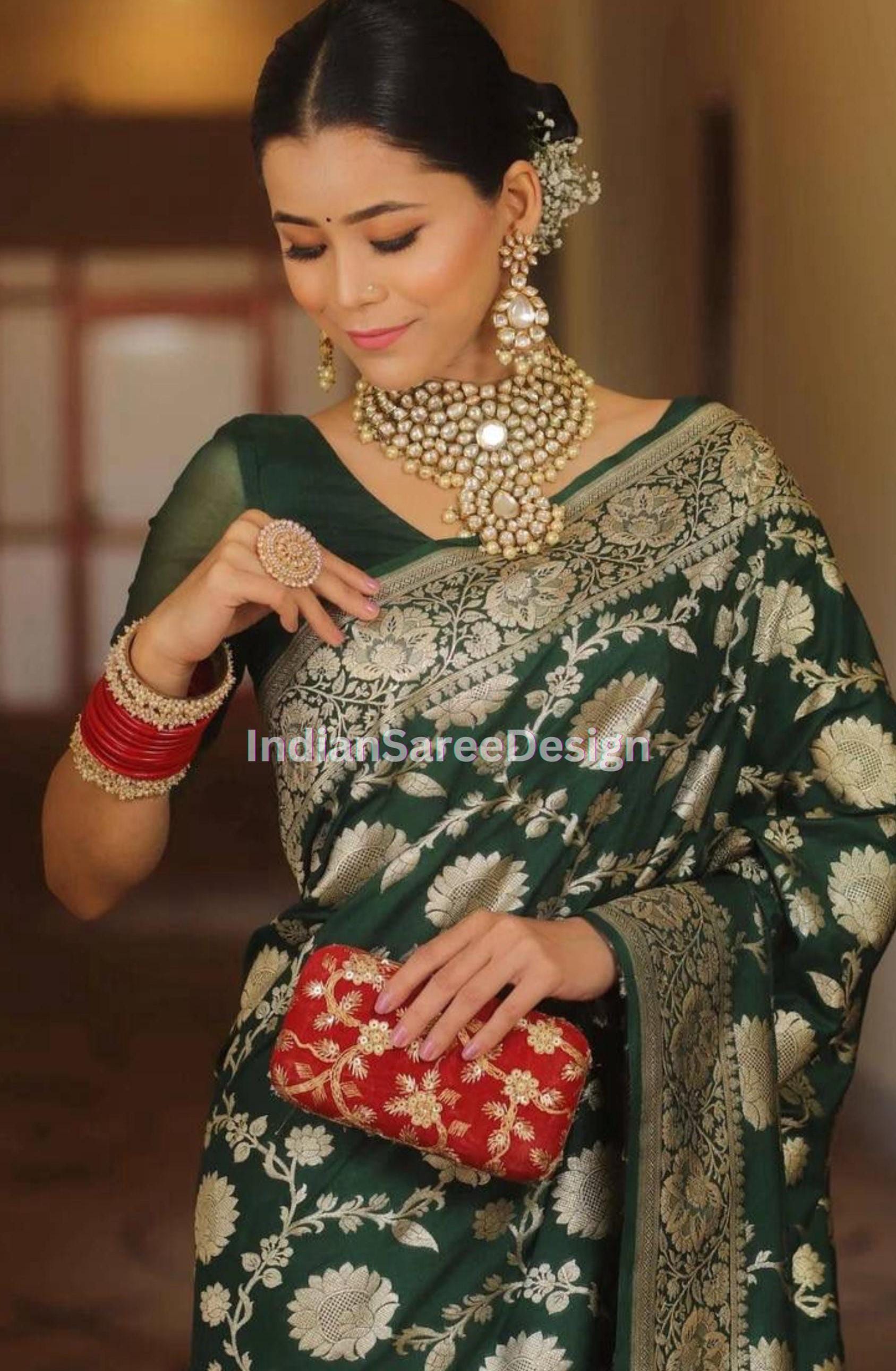 Bloemen Geweven Ontwerp Zari Art Zijde Banarasi Saree