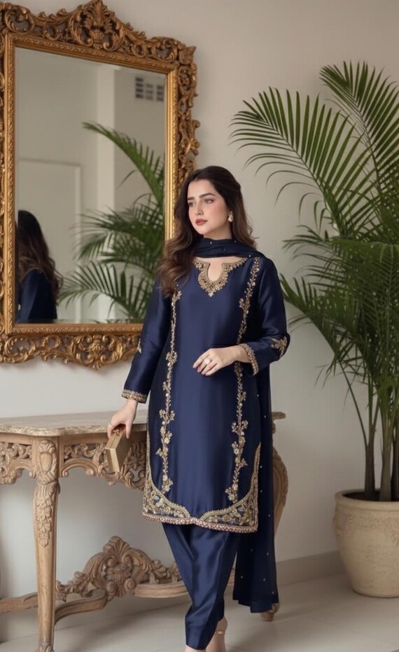 green emerald velvet dress Navy Blue Designer Dress By AIK  Pakistani Moda