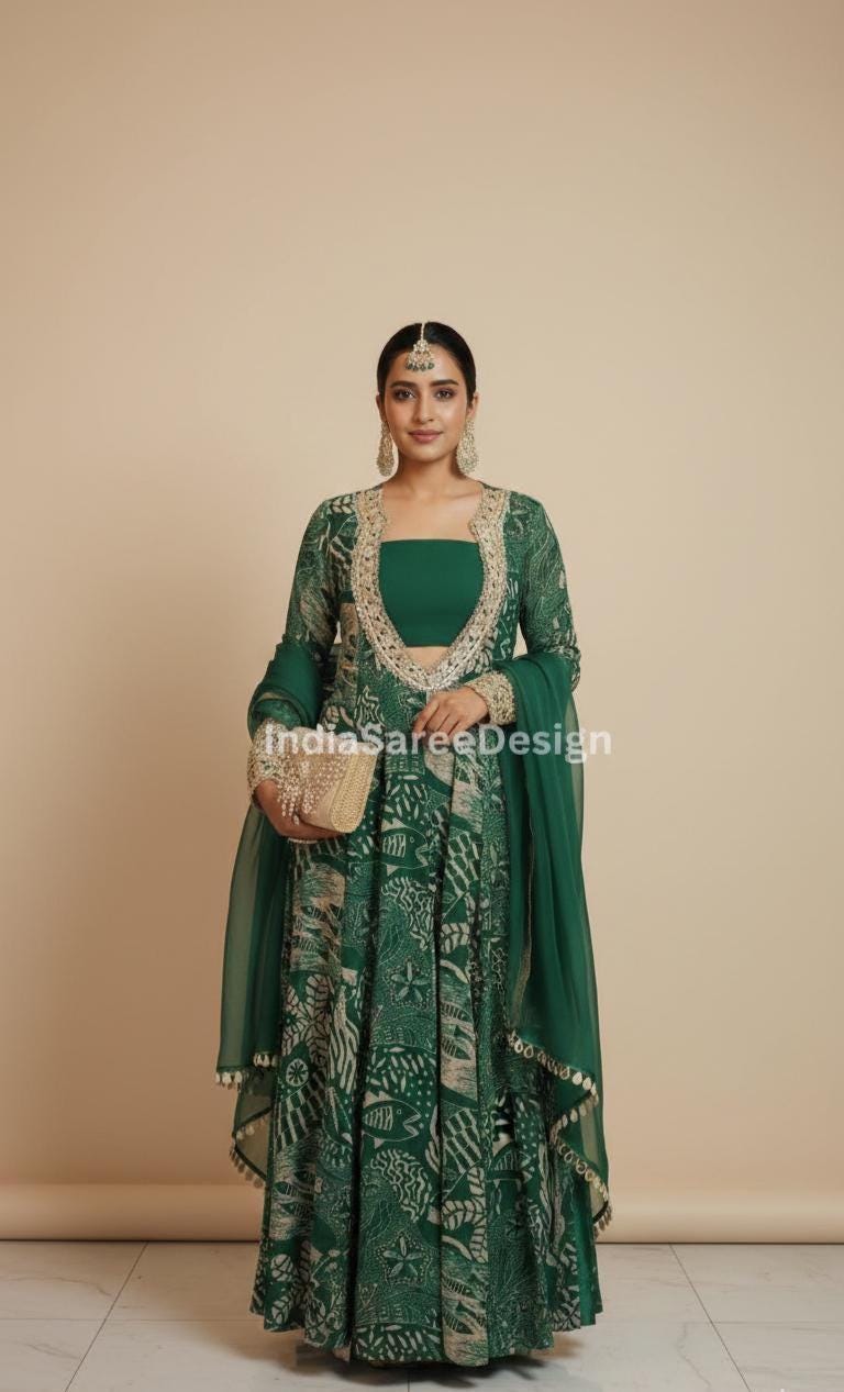 emerald green silk festive tiered anarkali dress Women's Emerald Green Silk Festive Tiered Anarkali Dress S main image 0