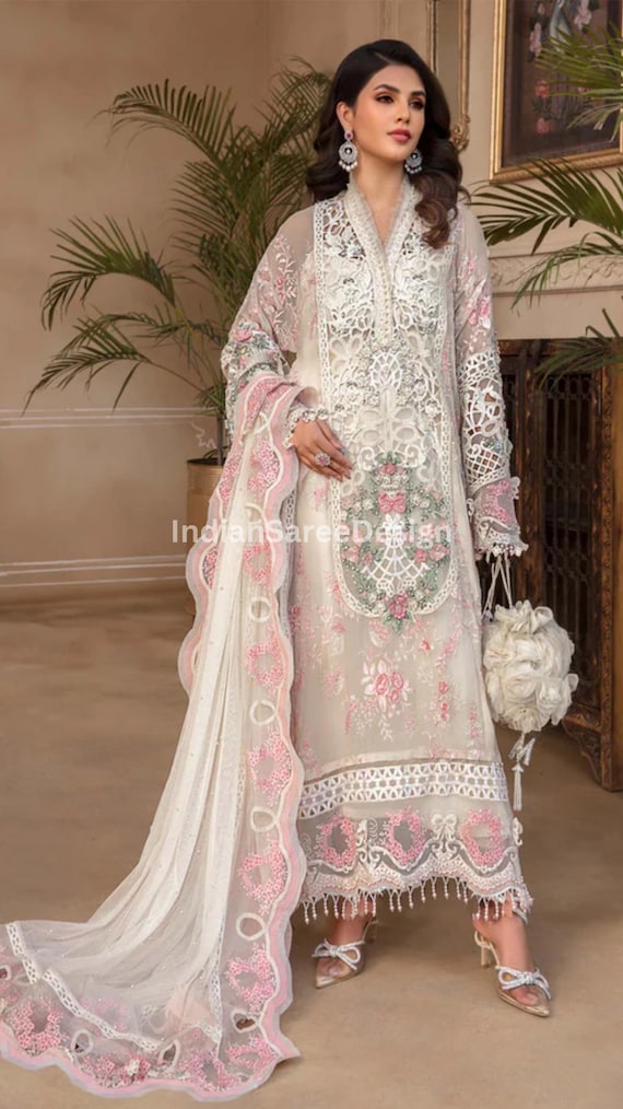 White Georgette Kurti Set: Pakistani Embroidery Outfit