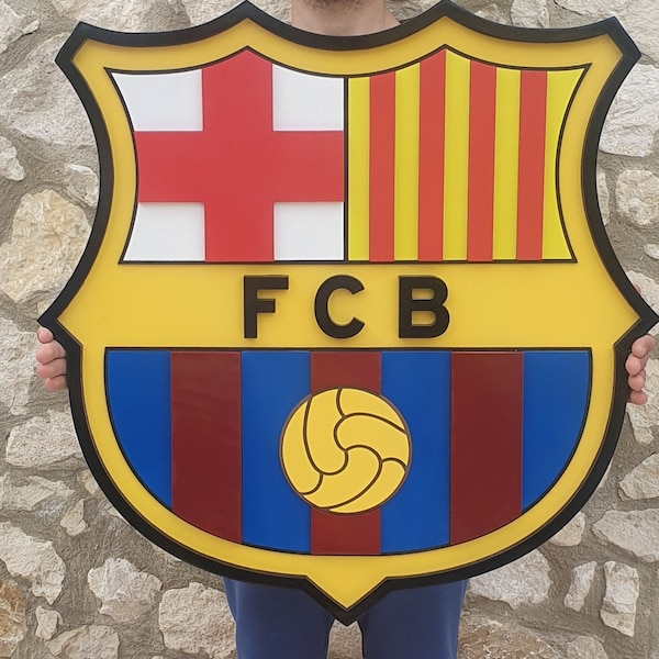 Logo de Barcelone en bois, logo du Barça 3D, logo en bois de Barcelone, Barcelona Sing, logo du FC de Barcelone, peinture en bois du FC de Barcelone,