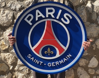 Logo bois Paris Saint Germain, logo PSG 3D, boîte en relief Paris Saint Germain, logo bois PSG