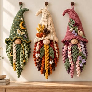 May include: Three wall-hanging crochet gnomes with pointed hats. The left gnome is dark green with a moon and butterfly. The center gnome is cream with autumn harvest accents. The right gnome is dusty rose with flowers and a snail.