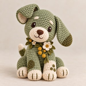 May include: A crocheted stuffed dog toy in shades of sage green and cream. The dog features dark brown eyes, a brown nose, and a floral collar with white flowers and yellow berries. It has a dark green patch on its leg and three small spots on its paw.