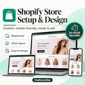 May include: A digital graphic displaying Shopify Store Setup & Design services. It features a laptop and smartphone showing a website named Lilac & Lane, with text highlighting responsive, clean layout, easy to manage, and 24-hour delivery.