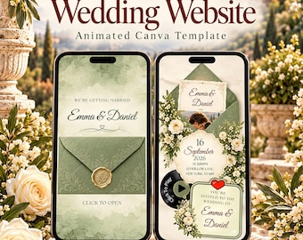 Wedding Website Template Canva | Tuscan Sage Green Wedding Website with RSVP, Countdown & Animated Envelope | Editable Digital Invitation