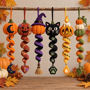Può includere: Sei ornamenti all'uncinetto da appendere a tema Halloween: una zucca con una luna, una zucca di Halloween con un cuore, una zucca con cappello da strega e scopa, un gatto nero con impronte, una candela a zucca e tre zucche impilate.