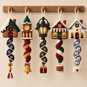 May include: Five crocheted hanging ornaments suspended from a wooden rack. The set includes a house with a key, a clock tower with a bell, a lantern with a gift, a house with a drum, and a house with an envelope, all featuring festive colors.