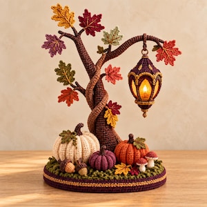 Op de afbeelding: Een gehaakte herfstdecoratie met een centrale boom met kleurrijke esdoornbladeren, een hangende lantaarn met warm licht en een basis versierd met een witte pompoen, een oranje pompoen, een paarse pompoen, paddenstoelen en eikels.