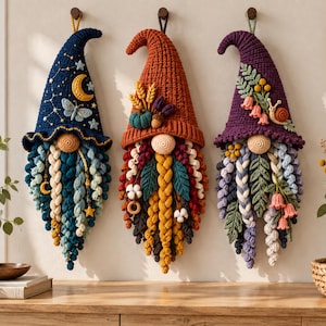Puede incluir: Tres adornos de pared de gnomos hechos a ganchillo. El gnomo de la izquierda tiene un sombrero azul oscuro con motivos de luna y estrellas. El gnomo central presenta un sombrero naranja con detalles de trigo y calabaza. El gnomo de la derecha tiene un sombrero morado con motivos florales y un caracol.