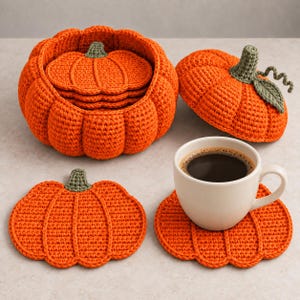 May include: A set of orange crochet pumpkin-shaped coasters with green stems, stored in a matching pumpkin-shaped container with a removable lid. One coaster sits under a white ceramic mug filled with black coffee, while another lies flat.