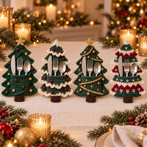 Puede incluir: Cuatro soportes para cubiertos de ganchillo con forma de árbol de Navidad en verde y rojo, cada uno con un bolsillo para cuchillo, tenedor y cuchara. Los árboles están decorados con pequeñas estrellas, cuentas y patrones cosidos.