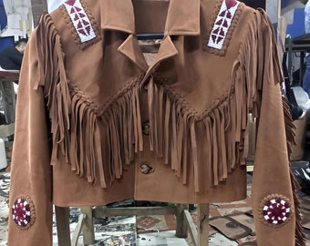 Women's fringe leather jacket in tan brown and pale peach/Custom Made/gift for her/Hand embroidered