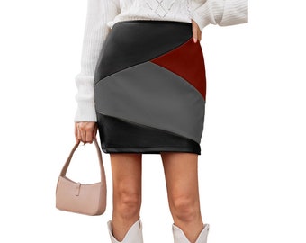 Women's Leather Wrap Skirt/ Leather Skirt in Light Patch panels/Made to Measurement/Hand Made