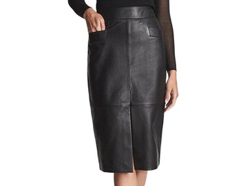 Women Leather  black Skirt Beautifully Stitched in Genuine Lamb leather in Aniline finish