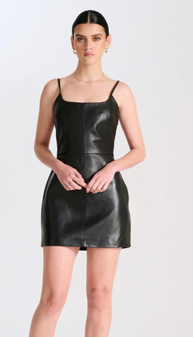 Silia Women's 100% Genuine Mini Leather Dress in Black/ Made to your measurement image 2