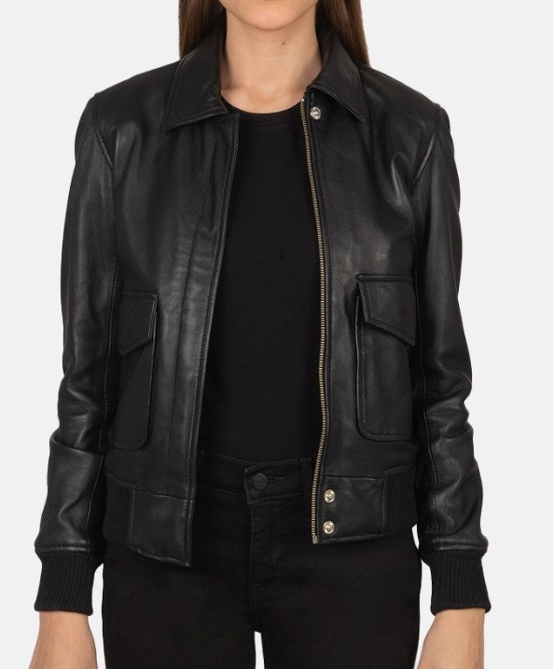 Womens Bomber Leather Jacket in Jet Black - Etsy