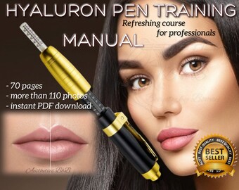 May include: A gold and black hyaluronic pen training manual with a woman's face in the background. The manual has a title that reads "Hyaluron Pen Training Refreshing course for professionals MANUAL". The manual also has the following text: - 70 pages - more than 110 photos - instant PDF download. A gold and red sticker with the text "BEST QUALITY BEST SELLER BEST QUALITY" is in the lower right corner of the image.