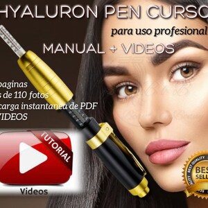 Puede incluir: Un bolígrafo de hialurónico dorado y negro con un icono de botón de reproducción y el texto "Tutorial" en un cuadrado rojo. El texto "HYALURON PEN CURSO" está en la parte superior de la imagen. El texto "para uso profesional" está debajo del bolígrafo. El texto "MANUAL + VIDEOS" está debajo del bolígrafo. El texto "94 paginas", "mas de 110 fotos", "descarga instantanea de PDF" y "11 VIDEOS" está debajo del bolígrafo. El texto "Videos" está debajo del icono del botón de reproducción. El texto "BEST SELLER" está en una forma de estrella dorada.