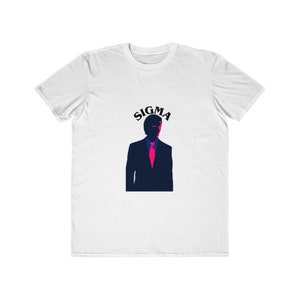 Puede incluir: Camiseta blanca con una silueta de una persona con traje y corbata. La palabra "SIGMA" está sobre la cabeza de la persona.