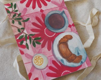 Carte de vœux Croissant | Cartes orientales | Carte Croissant Illustrée | Affiche Café et Croissant | Cartes de vœux colorées | Nature morte au café