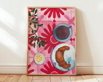 Carte de vœux Croissant | Cartes orientales | Carte Croissant Illustrée | Affiche Café et Croissant | Cartes de vœux colorées | Nature morte au café