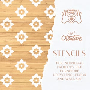 Può includere: Un set di stencil con un design floreale. Gli stencil sono su uno sfondo di legno e sono perfetti per progetti individuali come mobili, riciclo, pavimento e arte murale. Il testo "HAND MADE" e "Be Creative" è incluso anche nell'immagine.
