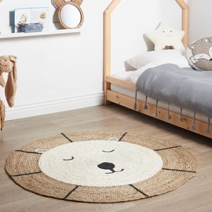 Tiergesichter Jute Teppich | Niedlicher runder Teppich | Teddybär-Gesicht-Teppich | Weicher runder Teppich aus Baumwolle | Kinderzimmer Teppich | Teppich für Kinderzimmer | Spielzimmer Teppich