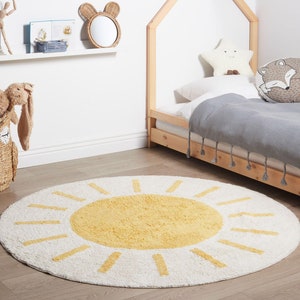 Runder bunter Teppich für Mädchenzimmer | Weicher Baumwollrunder Teppich | Kreis Teppich für Kinderzimmer Dekor | Kinderzimmer Teppich | Mädchen Schlafzimmer Gelb Weicher Teppich