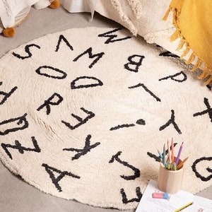 Alfabetische tapijten | Getuft vloerkleed | Rond vloerkleed | Handgemaakte boho getufte vloerkleden voor kinderen | Vloerkleed voor kinderen | Babykleed | Speelkleed |Kindertapijt