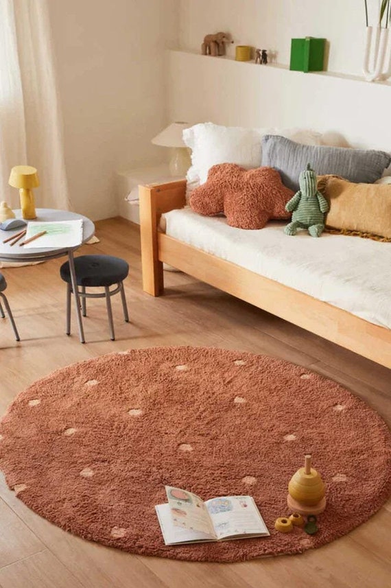 Round Polka Dot Cotton Rug, Hand Tufted Kids Room Nursery Area Rug