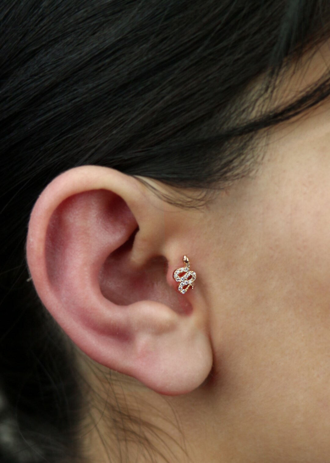 14K Solid Gold Snake Piercing Minimalist Tragus Piercing Etsy