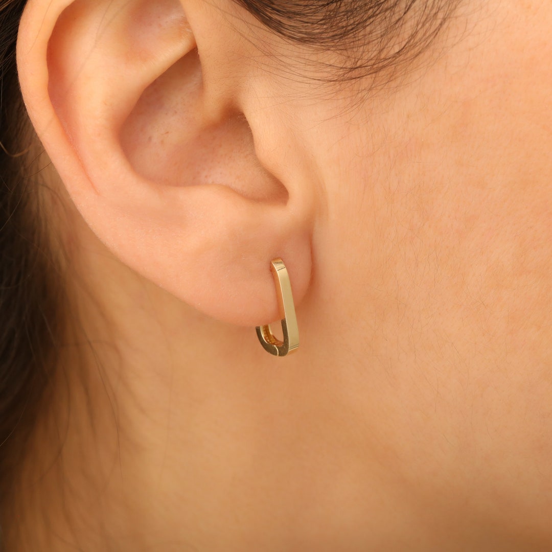 14K Solid Gold Square Hoop Earrings, Minimalist Square Hoop Earrings ...