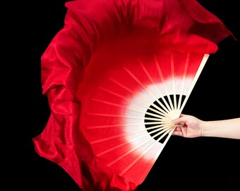 Silk dance fan, red gradient long silk fan, dance performance fan, Chinese style dance fan, dance fan, wooden folding fan, creative gifts