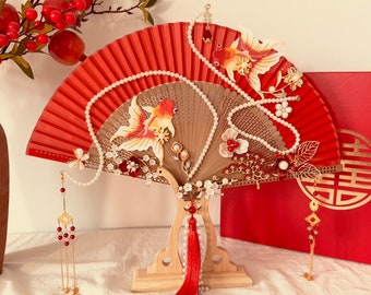 Hand-held folding fan bouquet, folding fan bouquet, Chinese bridal fan, antique wedding red fan, pearl tassel fan, koi fan, wedding gift