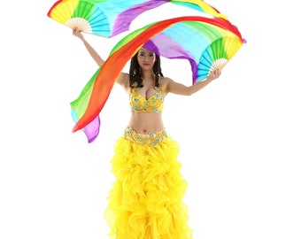 Belly Dance Fan,Rainbow Colorful Dance Fan,Dance Long Fan,Straight Pattern Belly Dance Silk Fan, Rainbow Belly Dance Fan Veil, Silk Fan Veil