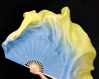 Silk Dance Fan, Blue And Yellow Gradient Fan,Classical Dance Fan,100% Silk Dance Fan,Handmade Long Silk Fan,Veil Silk Fan, Belly Dance Props