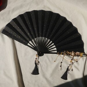 Black Sprinkled Gold Fan, Rice Paper Fan, Tassel Folding Fan, Ancient Style Hanfu Folding Fan, Handmade Fan, Shooting Props, Dancing Fan